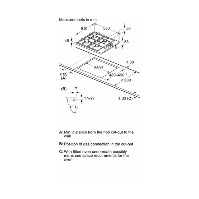 Bosch PBP6B5K60 60cm Stainless Steel Gas Hob
